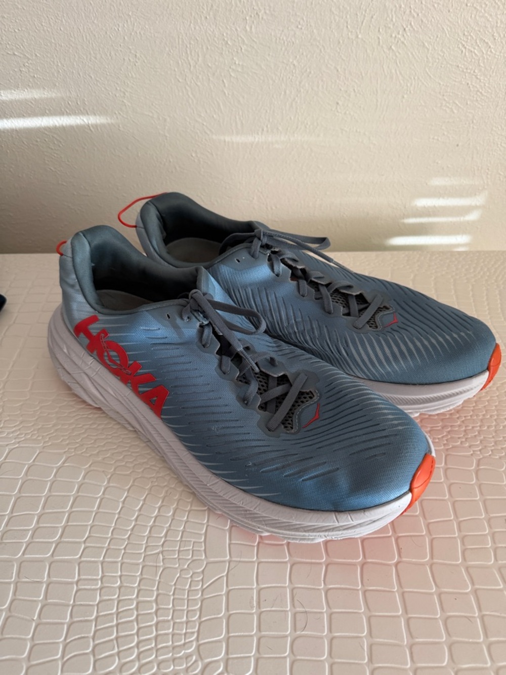 Hoka Sky-Blue Running Sneakers with Coral Logo